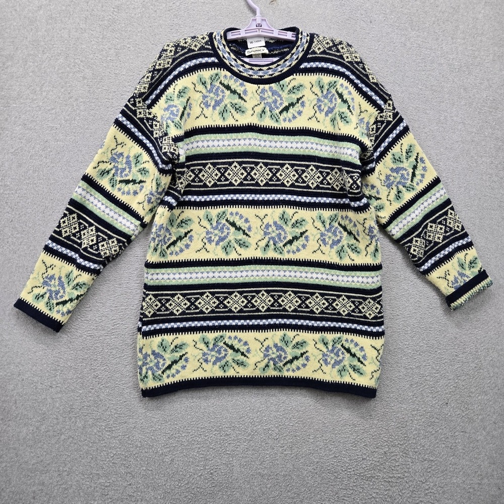 VINTAGE SPUNKY Women Sweater MEDIUM Yellow Pullover Sweater Floral Fair Isle